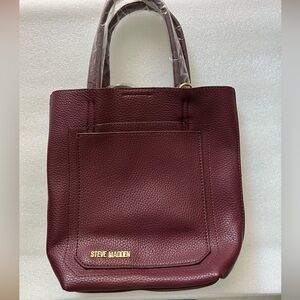 Steve Madden Mini Bucket Convertible Tote Bag Burgundy Vegan Leather Gold Accent